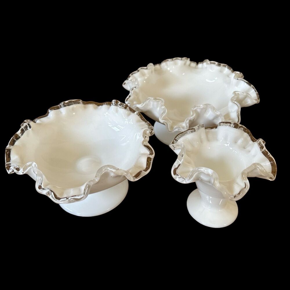LOT 3 Silver Crest Glass Candy Dish Pedestal‎ White Ruffled Crimped Edge Bowls